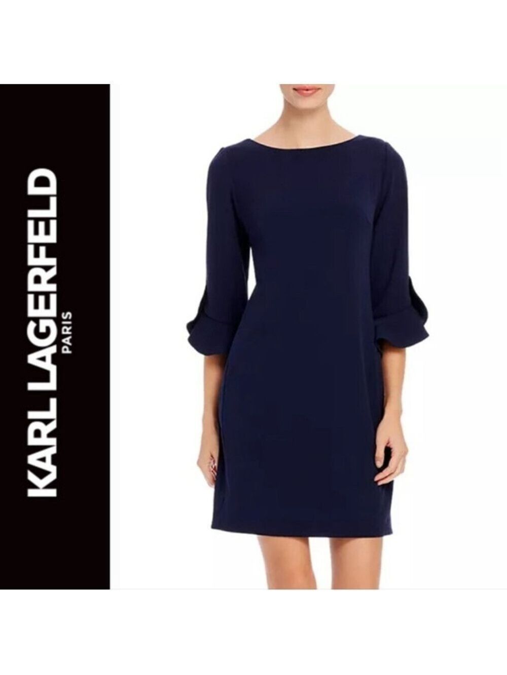 EUC Karl Lagerfeld Navy Blue Scuba Crêpe Sheath Ruffle Dress Size 10